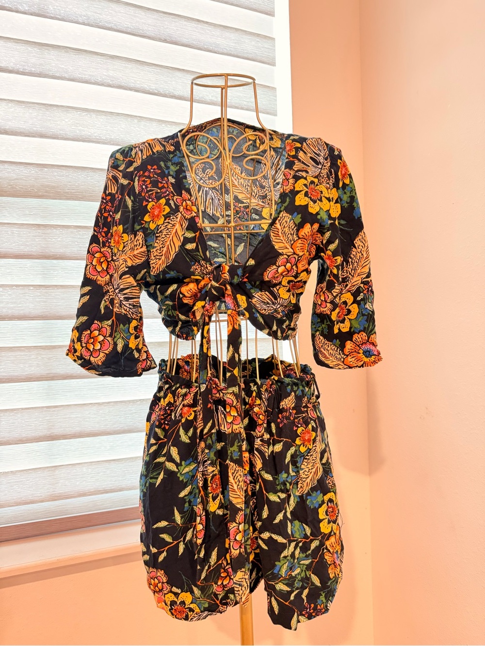 Floral Tie-Front Crop Top & Shorts Set - Black with Multicolor Flowers